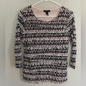 Alfani Women Pink Black White 3/4 Sheer Sleeve Ruffle Lined Blouse Size M